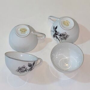 Laurel China & Japan Grey  Rose Chic White Teacups with Black Floral Design Set4